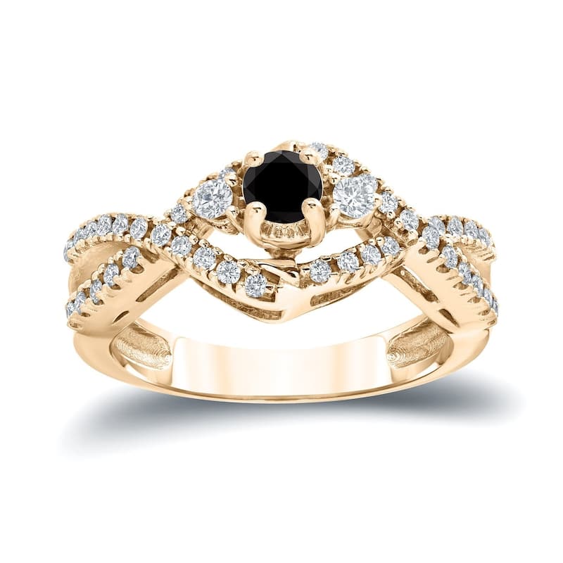 Auriya 14k Gold 1/2ctw Modern 3 Stone Black Diamond Engagement Ring - 4 - Yellow
