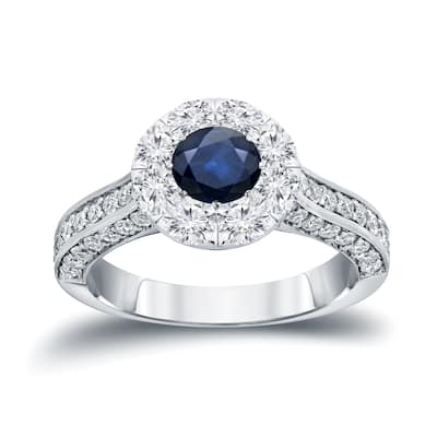 Auriya 1/2ct Blue Sapphire and 1 1/4ct TDW Diamond Halo Engagement Ring 14k Gold
