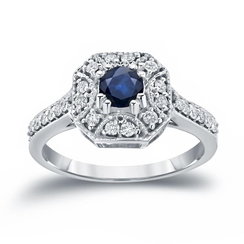 Auriya Vintage 1/2ct Blue Sapphire and 1/4ct TDW Diamond Halo Engagement Ring 14k Gold