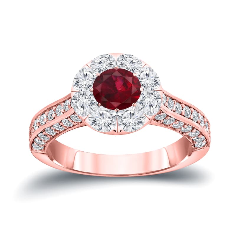 Auriya 1/2ct Red Ruby and 1 1/4ct TDW Diamond Halo Engagement Ring 14k Gold (H-I, I1-I2)
