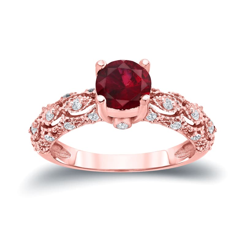 Auriya Vintage 1ct Red Ruby 1/4ctw Diamond Engagement Ring 14k Gold