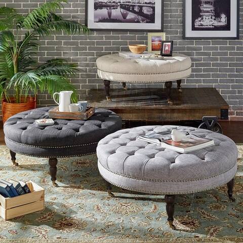 Solaine Tufted Linen Round Castered Round Ottoman Bench by iNSPIRE Q Artisan