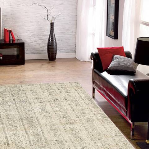 LR Home Hand Knotted Sobek Neolithic White Wool/ Viscose Rug - 9' x 12'/Surplus