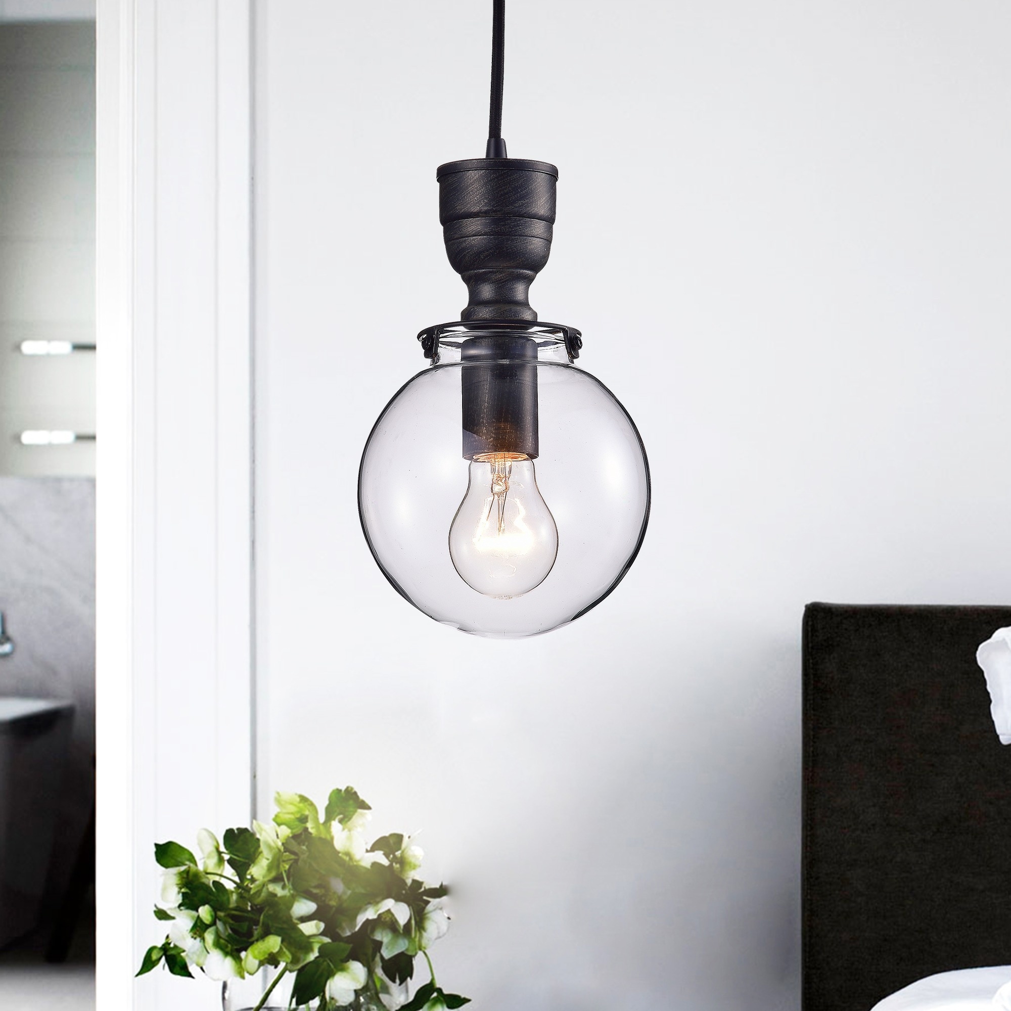 Luna Mini Clear Glass Globe Pendant Chandelier in Antique Black (Mini, Clear Glass Globe, Pendant Chandelier) - Chandeliers For Bedrooms by Overstock.com