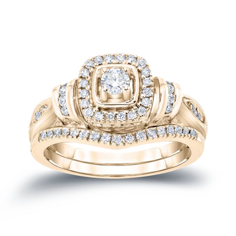 14k Gold 1/2ct TDW Modern Round Diamond Halo Engagement Ring Set by Auriya