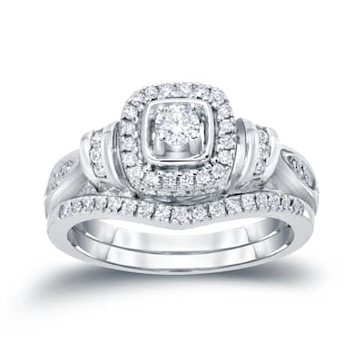 14k Gold 1/2ct TDW Modern Round Diamond Halo Engagement Ring Set by Auriya