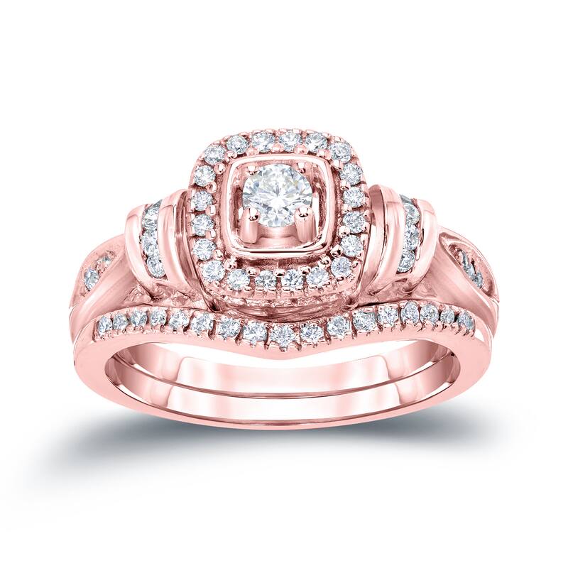 14k Gold 1/2ct TDW Modern Round Diamond Halo Engagement Ring Set by Auriya