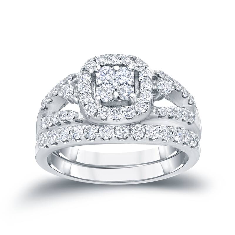 14k Gold 1ct TDW Split-Shank Round Diamond Halo Engagement Ring Set by Auriya