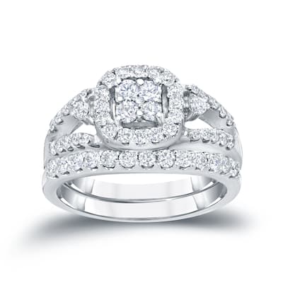 14k Gold 1ct TDW Split-Shank Round Diamond Halo Engagement Ring Set by Auriya