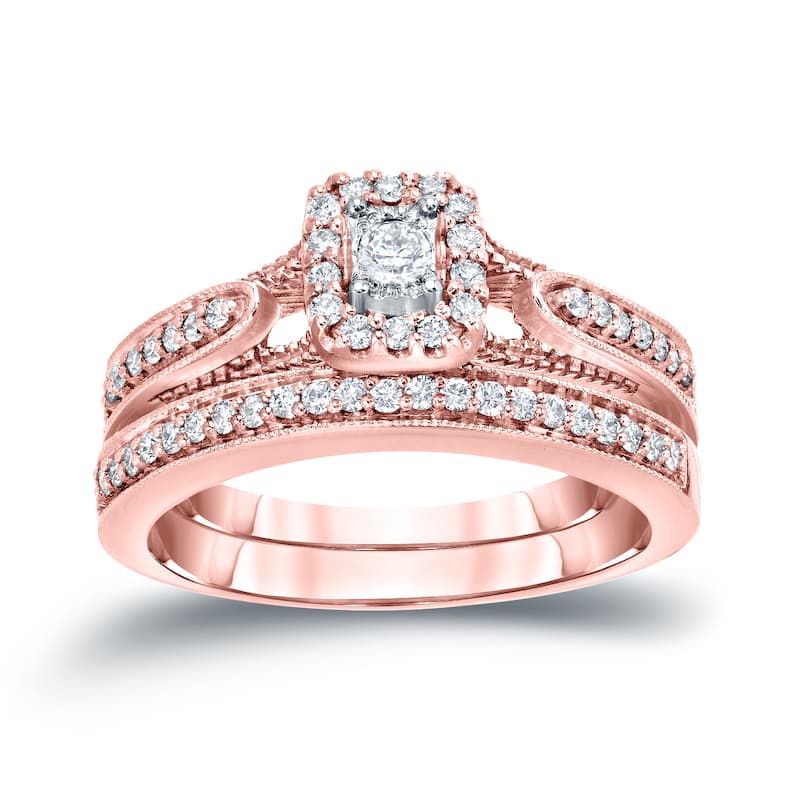 14k Gold 1/3ct TDW Vintage Inspired Round Diamond Halo Engagement Ring Set by Auriya