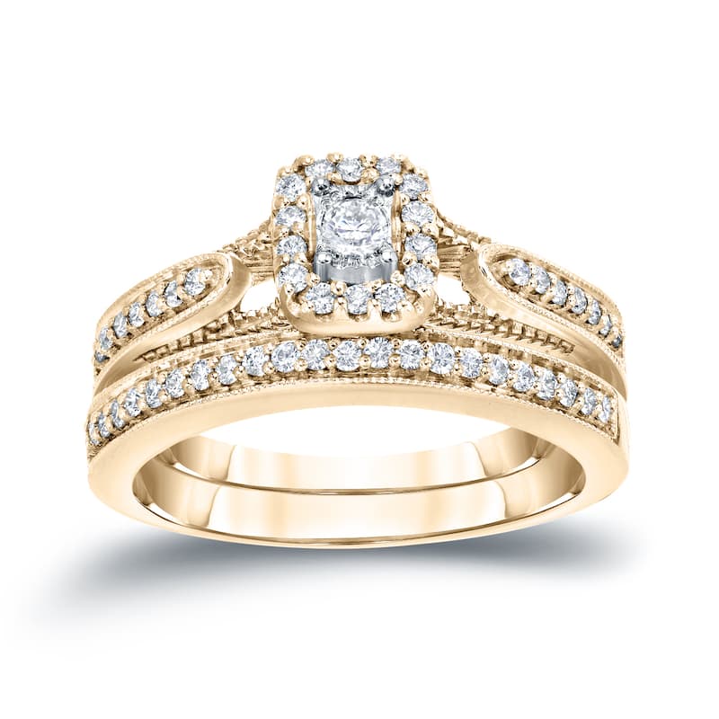 14k Gold 1/3ct TDW Vintage Inspired Round Diamond Halo Engagement Ring Set by Auriya