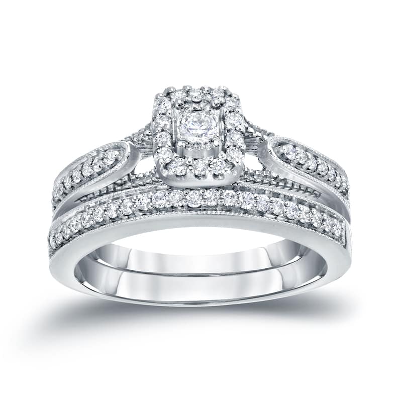 14k Gold 1/3ct TDW Vintage Inspired Round Diamond Halo Engagement Ring Set by Auriya