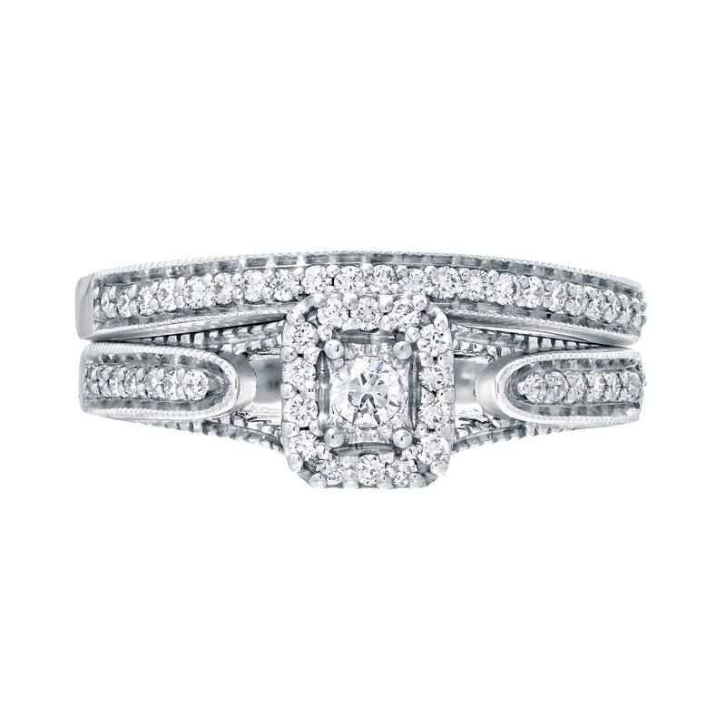 14k Gold 1/3ct TDW Vintage Inspired Round Diamond Halo Engagement Ring Set by Auriya