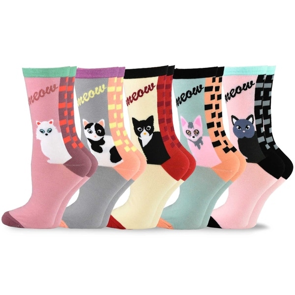 TeeHee Women's Fun Cats Cotton Crew Socks 5-Pack