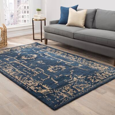 Aster Handmade Abstract Dark Blue/ Beige Area Rug (8' X 11') - 8' x 11'/Surplus