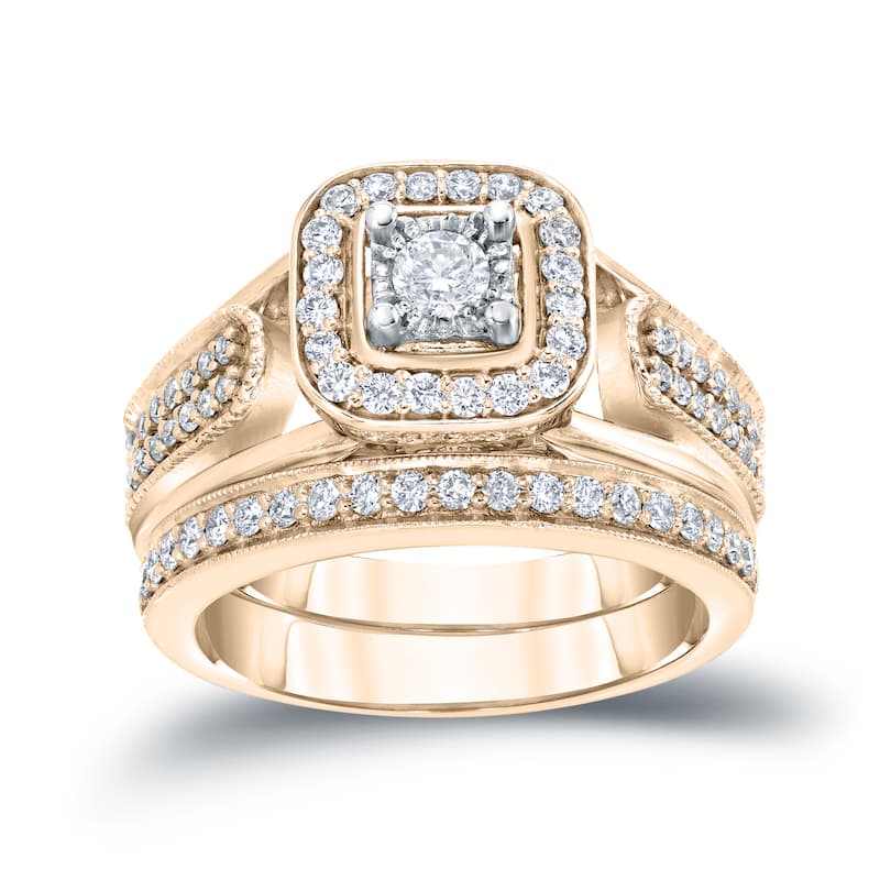 14k Gold 3/4ct TDW Round Diamond Halo Engagement Ring Set by Auriya