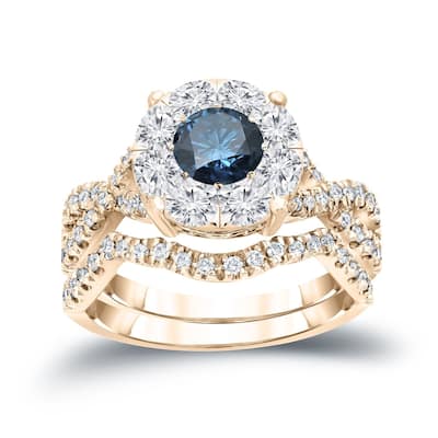 Auriya 1 1/5ctw Infinity Round Blue Halo Diamond Engagement Ring Set 14k Gold