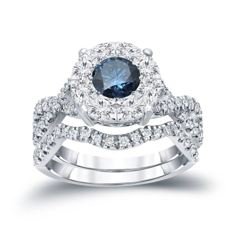 Auriya 1 1/5ctw Infinity Round Blue Halo Diamond Engagement Ring Set 14k Gold