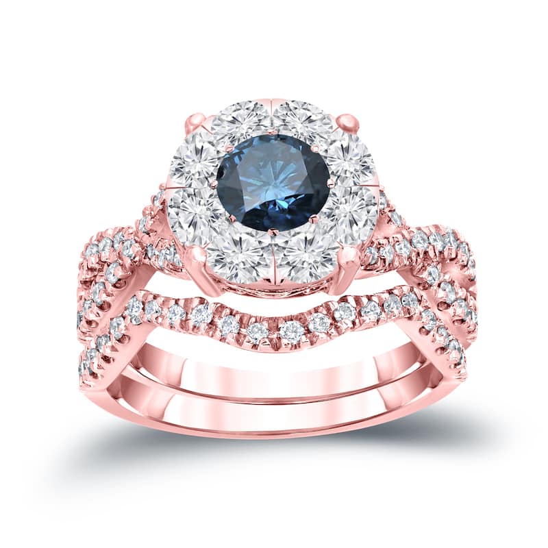 Auriya 1 1/5ctw Infinity Round Blue Halo Diamond Engagement Ring Set 14k Gold