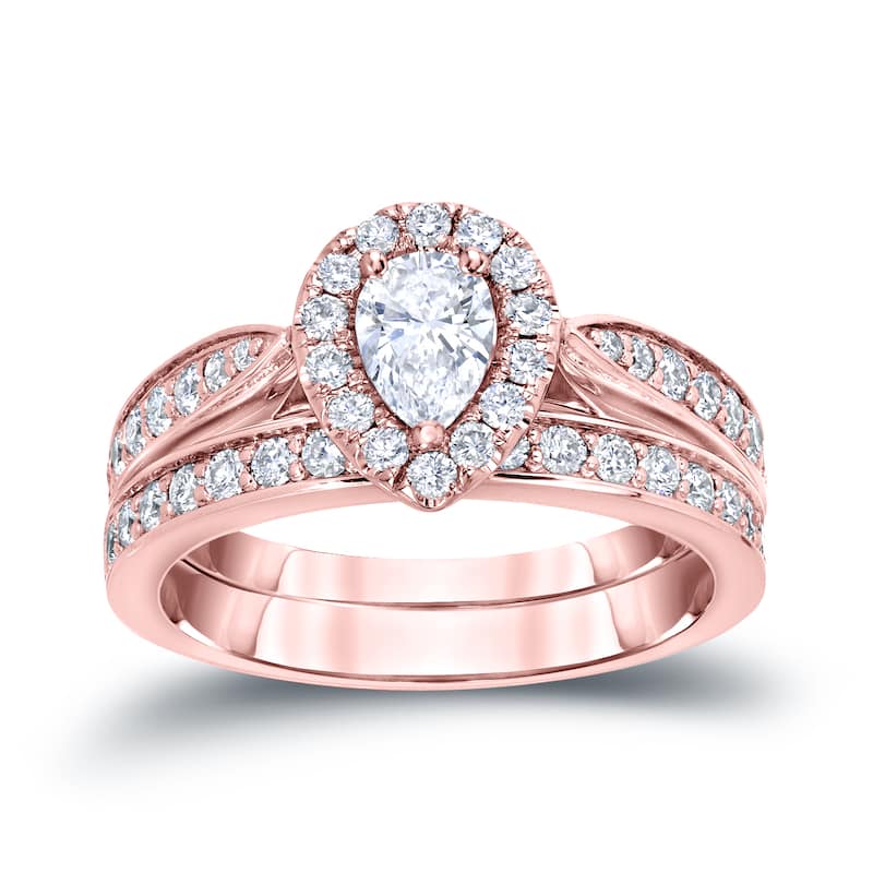 14k Gold 1ct TDW Pear Shaped Diamond Halo Engagement Ring Set by Auriya - 4 - Rose