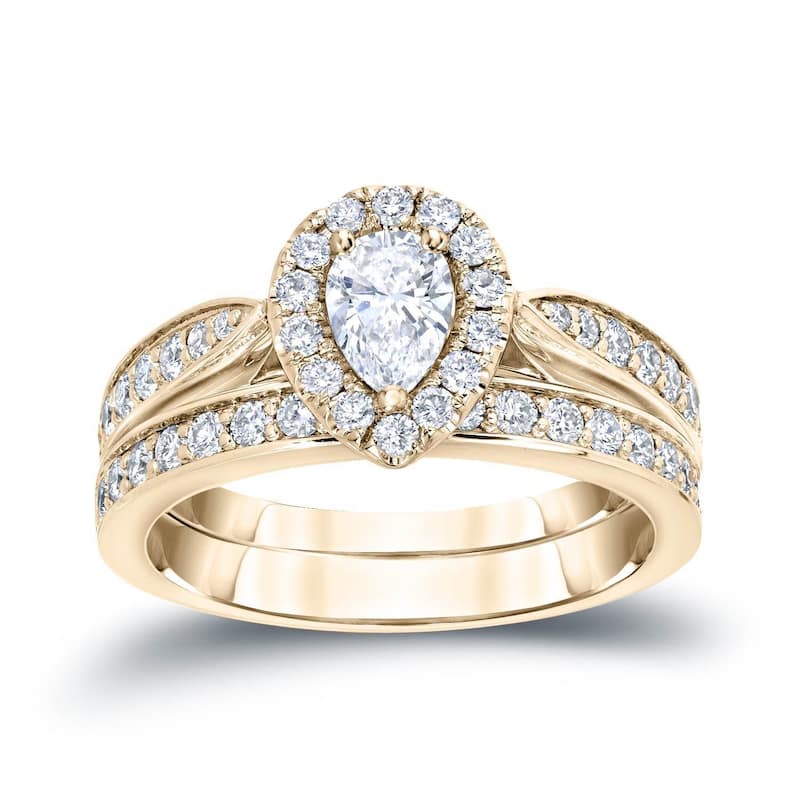 14k Gold 1ct TDW Pear Shaped Diamond Halo Engagement Ring Set by Auriya - 4 - Yellow