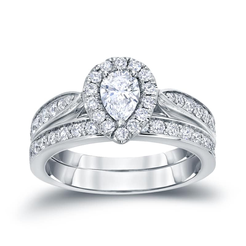14k Gold 1ct TDW Pear Shaped Diamond Halo Engagement Ring Set by Auriya - 4 - White