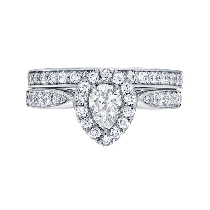14k Gold 1ct TDW Pear Shaped Diamond Halo Engagement Ring Set by Auriya