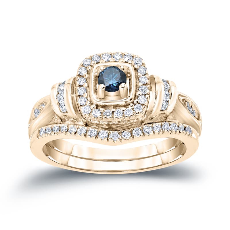Auriya 1/2ctw Vintage Inspired Blue Halo Diamond Engagement Ring Set 14k Gold