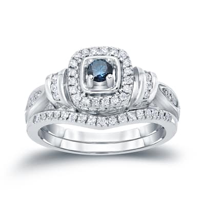 Auriya 1/2ctw Vintage Inspired Blue Halo Diamond Engagement Ring Set 14k Gold
