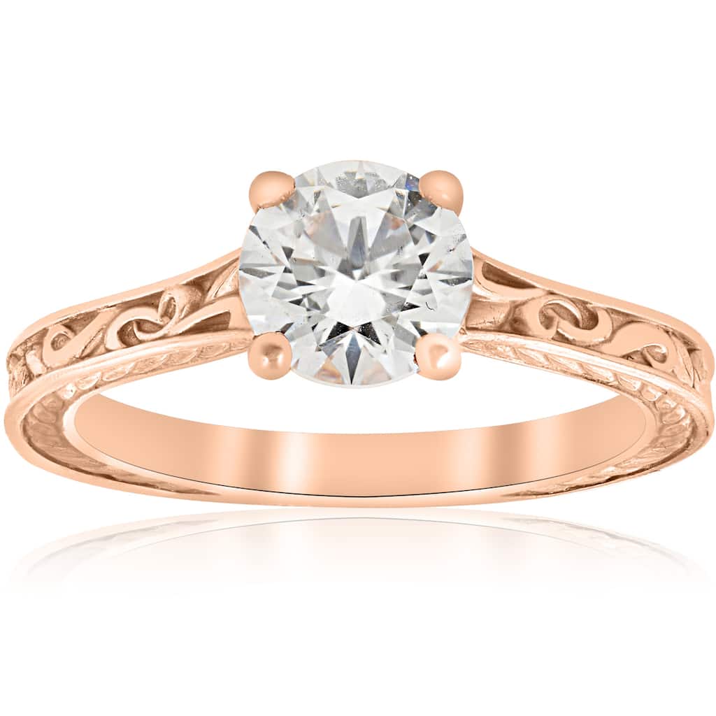 1ct Diamond Solitaire 14k Rose Gold Vintage Engagement Ring Art Deco Filigree Clarity Enhanced (H-I, I1-I2)