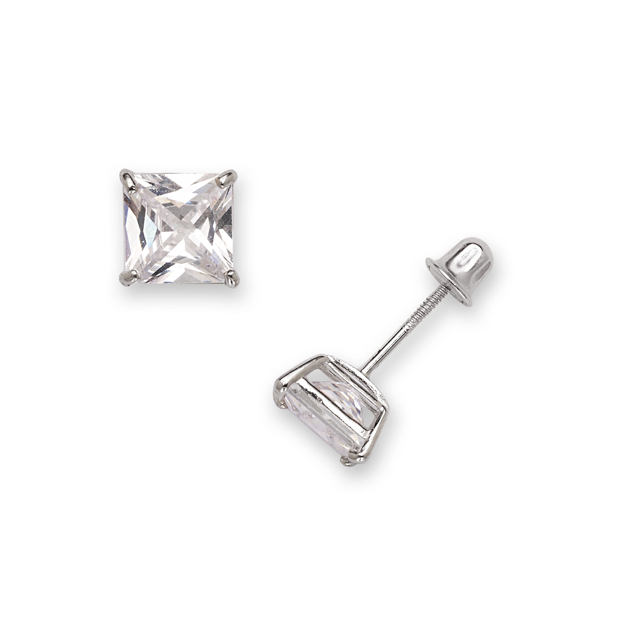 CZ Solitaire Princess Square Basket Set Stud Earrings 14K White Gold Clad Silver