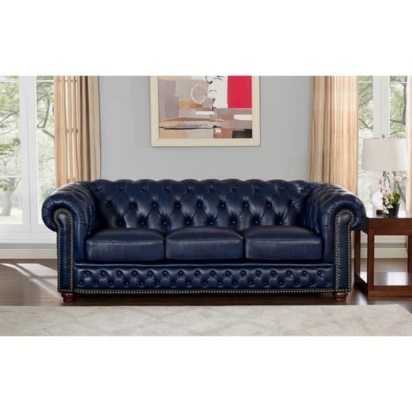 Shop Tuscon Blue Leather Tufted Sofa On Sale Free