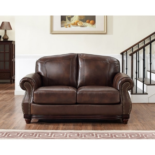 Brown leather shop tufted loveseat