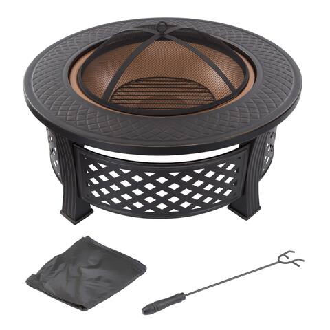 Fire Pit Set - Includes Spark Screen and Log Poker - 32" Round Metal Firepit by Pure Garden - 32 x 32 x 20.5