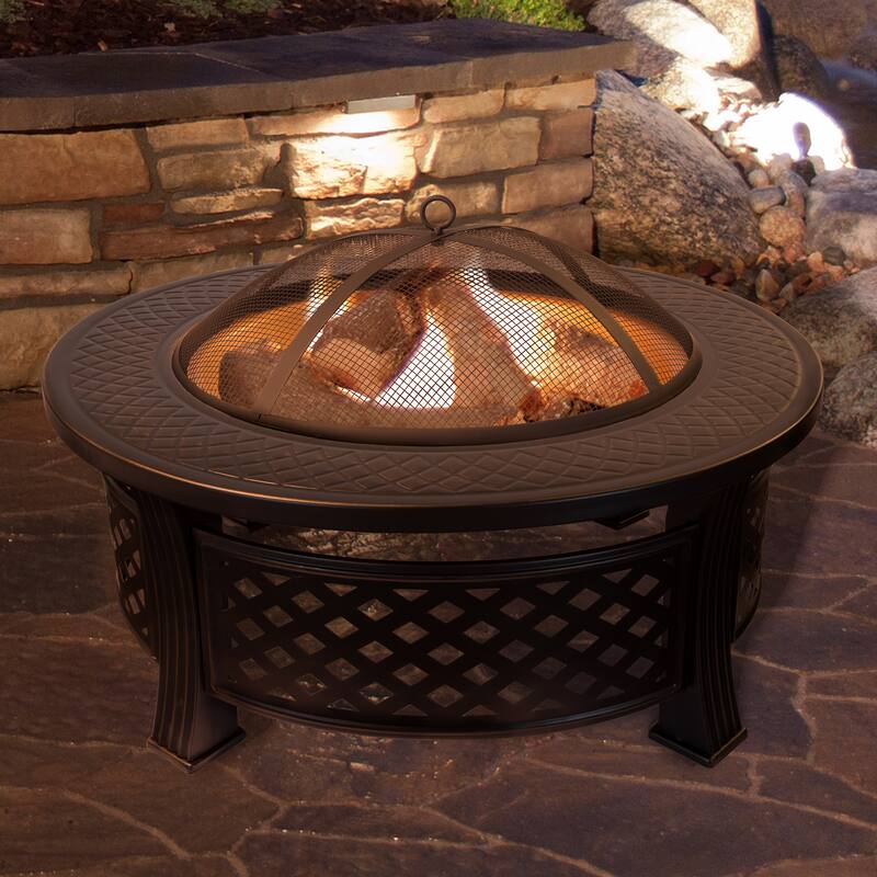 Fire Pit Set - Includes Spark Screen and Log Poker - 32" Round Metal Firepit by Pure Garden - 32 x 32 x 20.5
