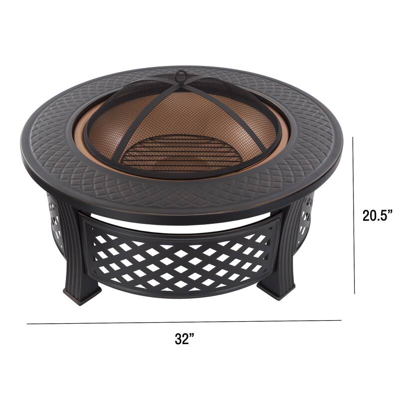 Fire Pit Set - Includes Spark Screen and Log Poker - 32" Round Metal Firepit by Pure Garden - 32 x 32 x 20.5