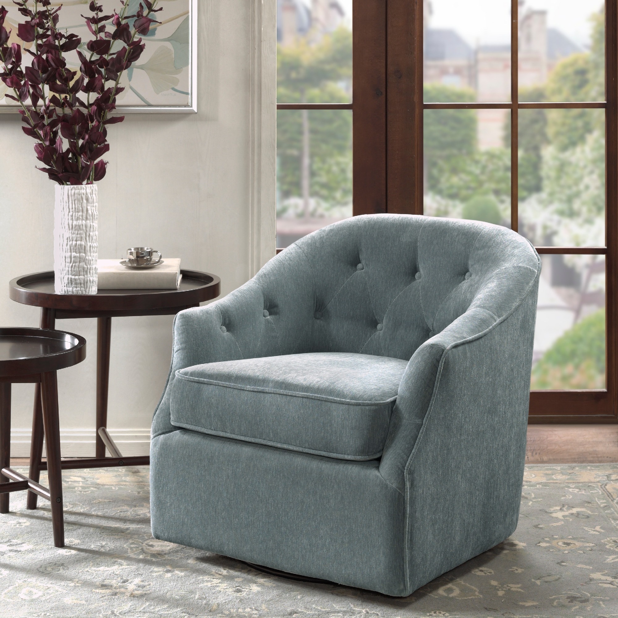 blue swivel chair living room