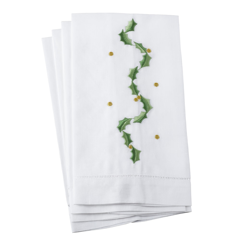 Holly Leaf Garland Embroidery Christmas Hemstitched Linen Cotton Guest Towel - Set of 4