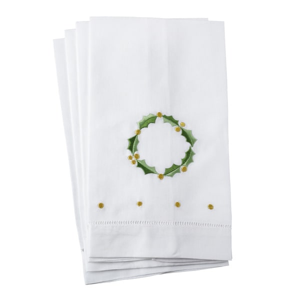 Holly Leaf Wreath Embroidery Christmas Hemstitched Linen Cotton Guest Towel - Set of 4