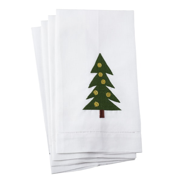 Christmas Tree Embroidery Design Hemstitched Linen Cotton Guest Towel - Set of 4