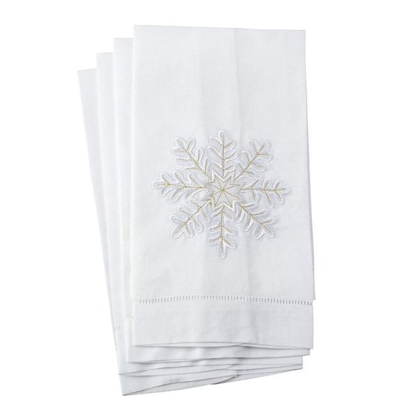 Embroidered Snowflake Design Hemstitched Linen Cotton Guest Towel - Set of 4