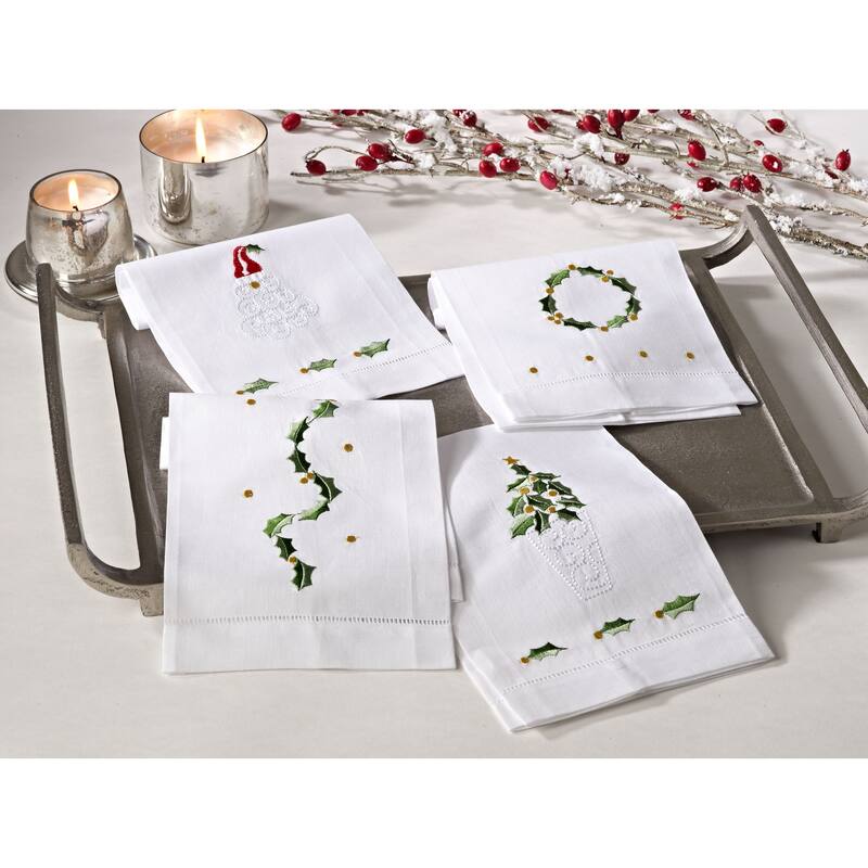 Embroidered Holly Leaf Christmas Tree Design Hemstitched Linen Cotton Guest Towel - Set of 4