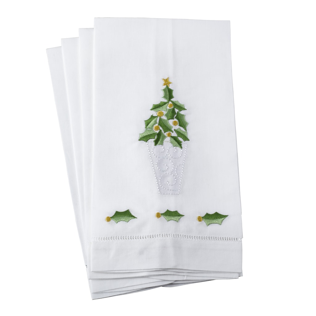 Embroidered Holly Leaf Christmas Tree Design Hemstitched Linen Cotton Guest Towel - Set of 4