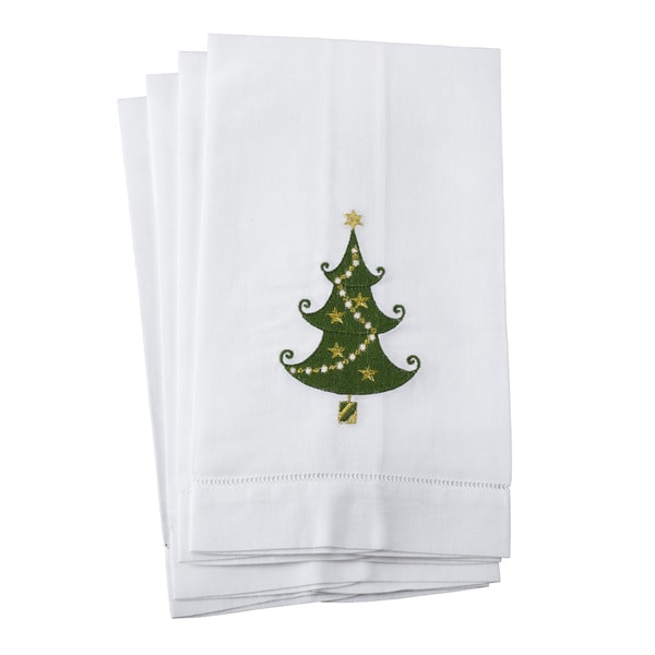 Embroidered Christmas Tree Motif Hemstitched Linen Cotton Guest Towel - Set of 4