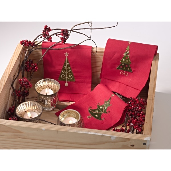 Christmas Tree Embroidery Hemstitched Linen Cotton Guest Towel - Set of 4