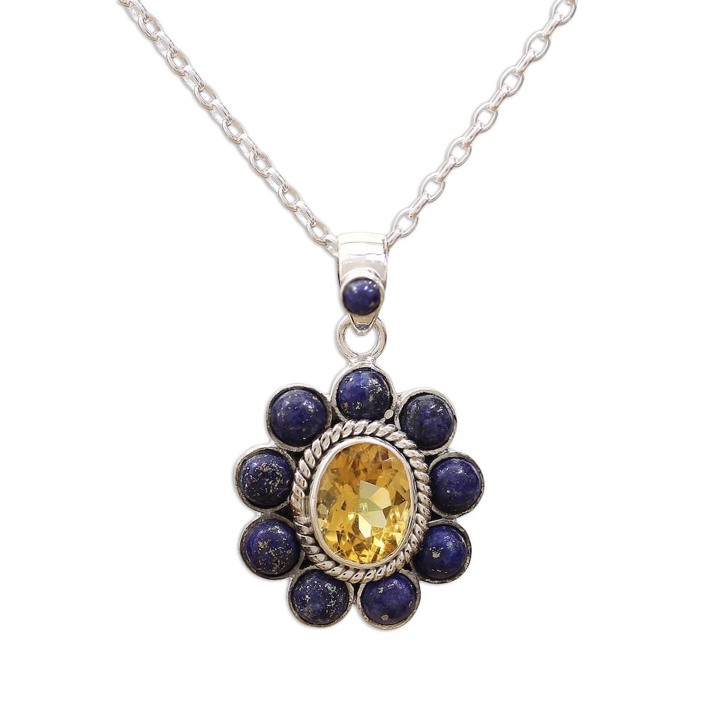 Lapis Lazuli and Citrine Pendant Necklace, 'Sunny Blue' (India) - 7'6" x 9'6" - 7'6" x 9'6"