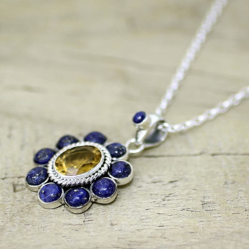 Lapis Lazuli and Citrine Pendant Necklace, 'Sunny Blue' (India) - 7'6" x 9'6" - 7'6" x 9'6"