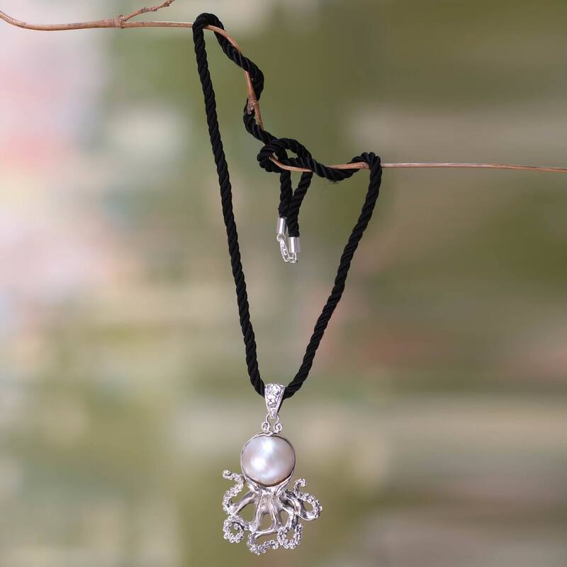Handmade Cultured Pearl Pendant Necklace, 'White Octopus' (Indonesia) - 7'6" x 9'6"