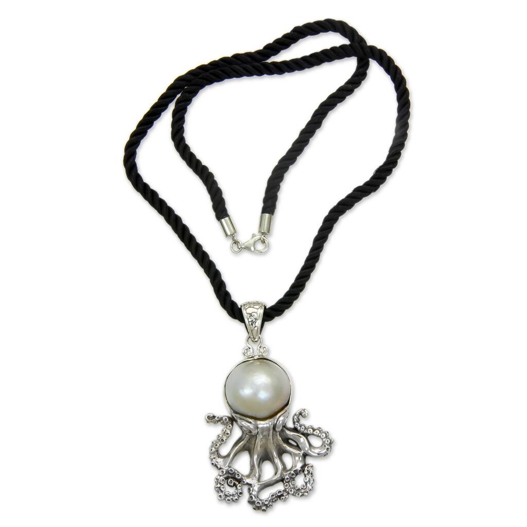Handmade Cultured Pearl Pendant Necklace, 'White Octopus' (Indonesia) - 7'6" x 9'6"