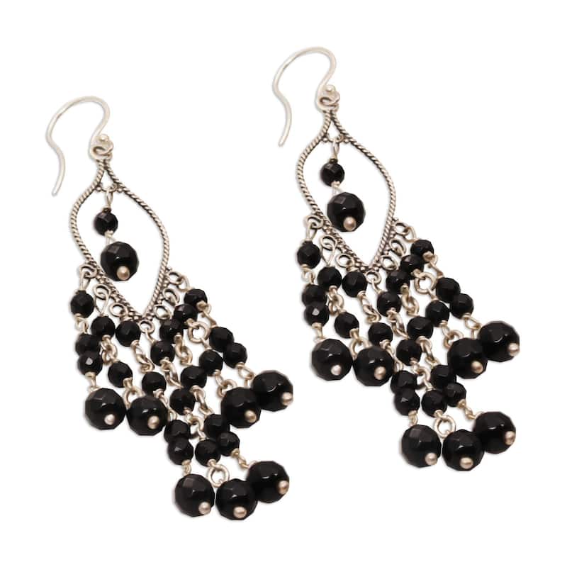 Onyx Chandelier Earrings, 'Shadow Drops' (Indonesia) - 3.2L0.6W